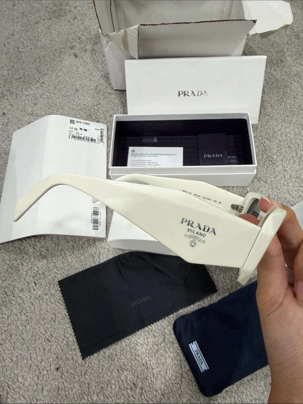 Prada White Rectangular Sunglasses with Dark Lenses 0PR 17WS Talc Smoke Grey